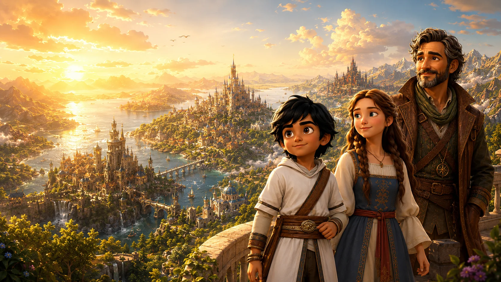 Eduardo, Elisa e Aurélio diante de Valorian ao entardecer