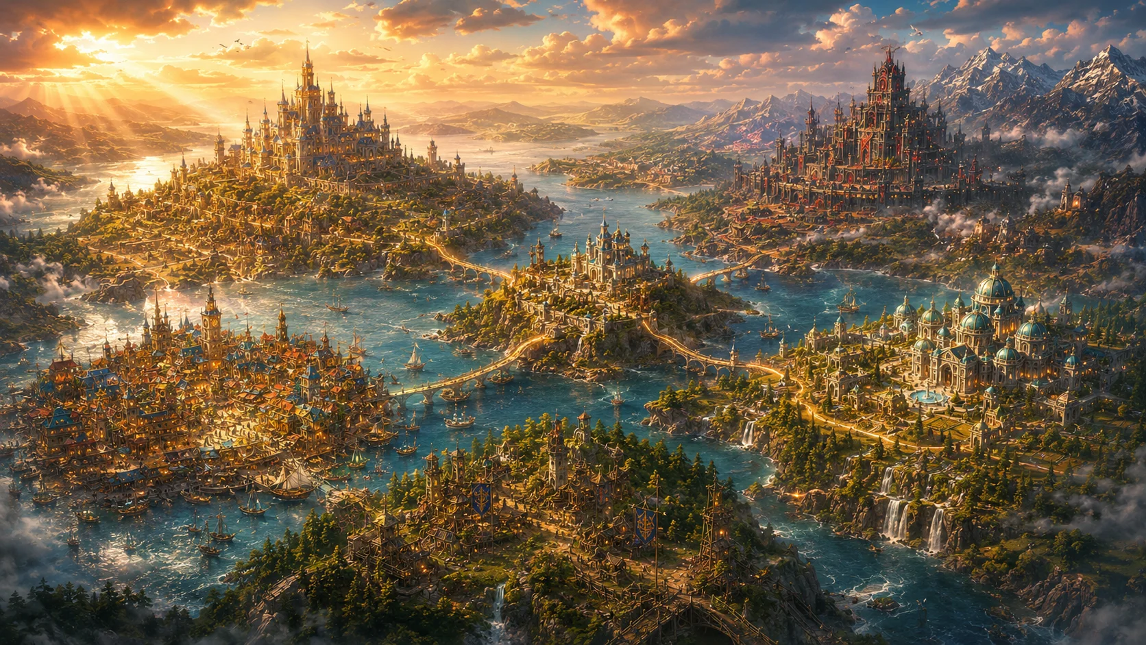 Panorama encantador de Valorian com as cinco cidades